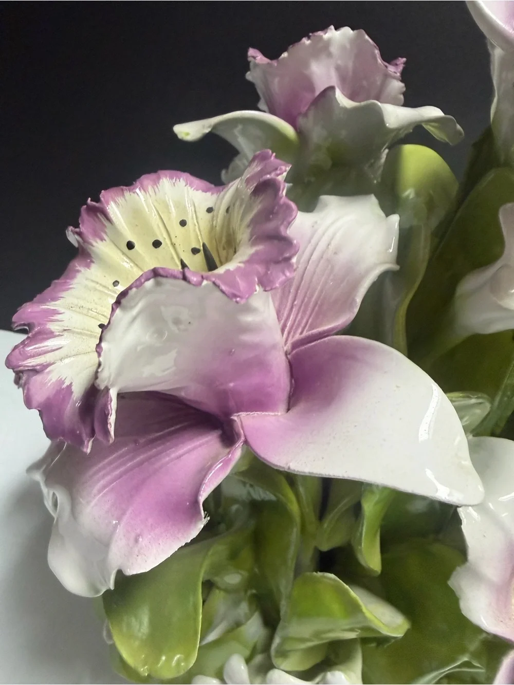 Vintage Capodimonte Italy Porcelain Pink Orchid Floral Arrangement 13”